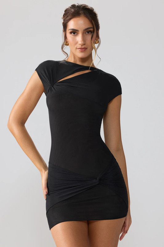 Mesh Cap Sleeve Cut Out Mini Dress in Black - UK Size:10